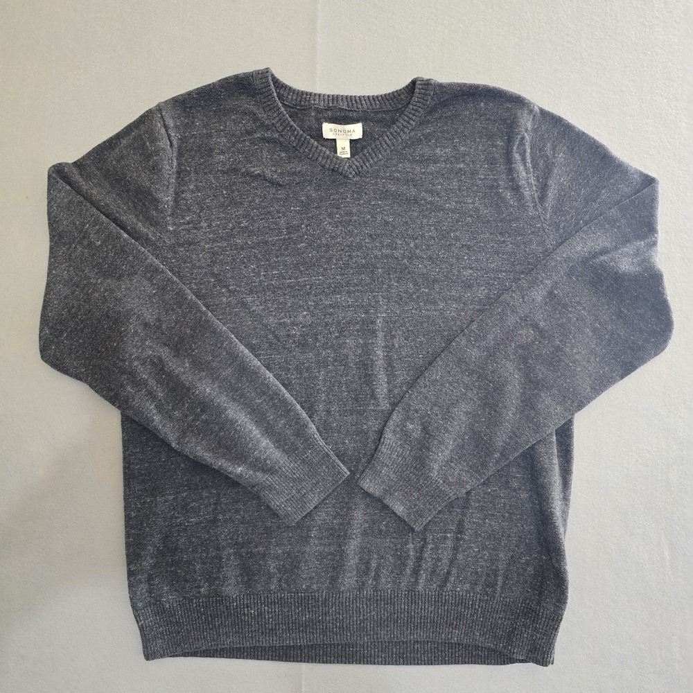 Sonoma Mens M Gray Sweater V-Neck Pullover Marled 100% Cotton Long Sleeve‎ - Picture 2 of 8